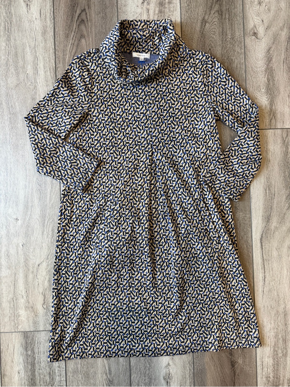 Tyler Boe- Kim Navy, Tan and Cream Patterned Cowl Neck Dress